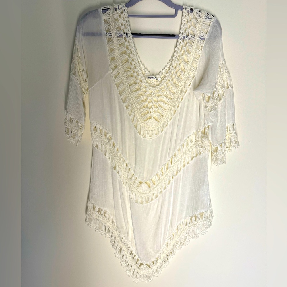 Cream Boho Crochet/Gauze swim cover up